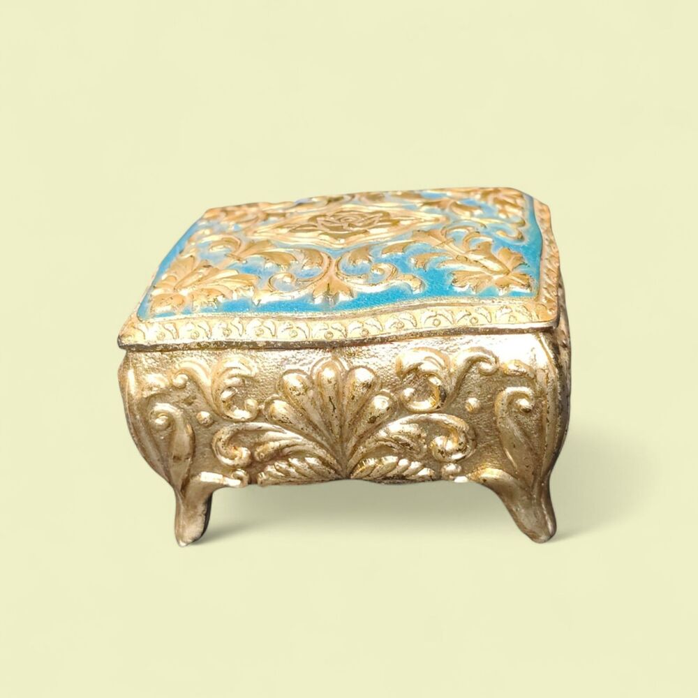 Vintage Ornate Footed Trinket Jewelry Box Gold Tone Blue Enamel Red Lined Small
